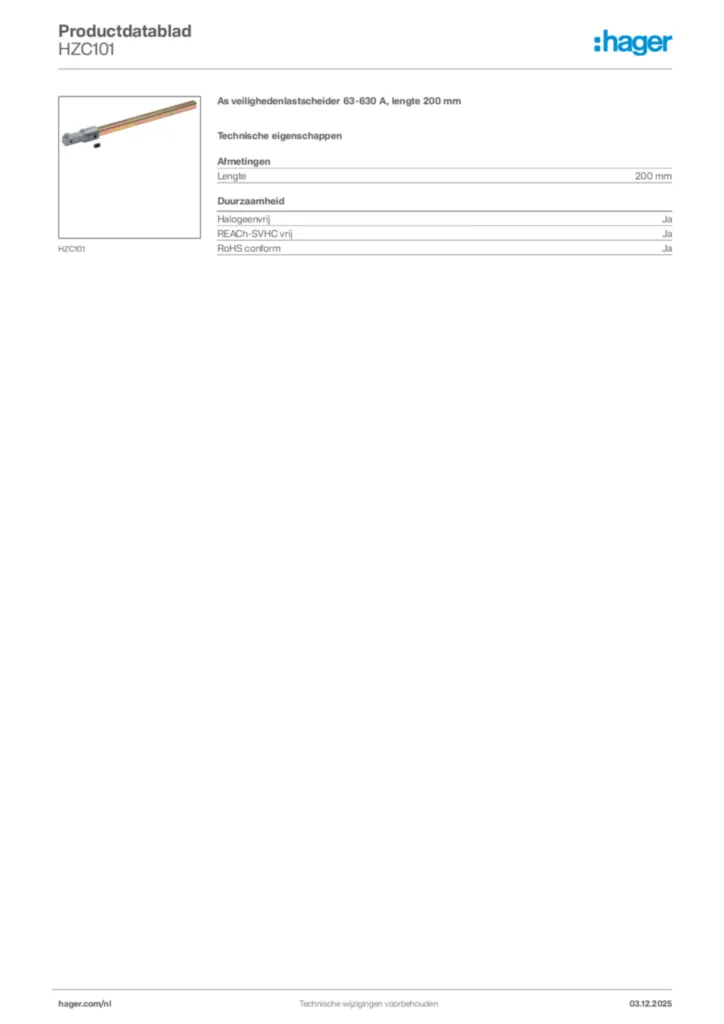 Afbeelding Hager Productdatablad HZC101 | Hager Nederland