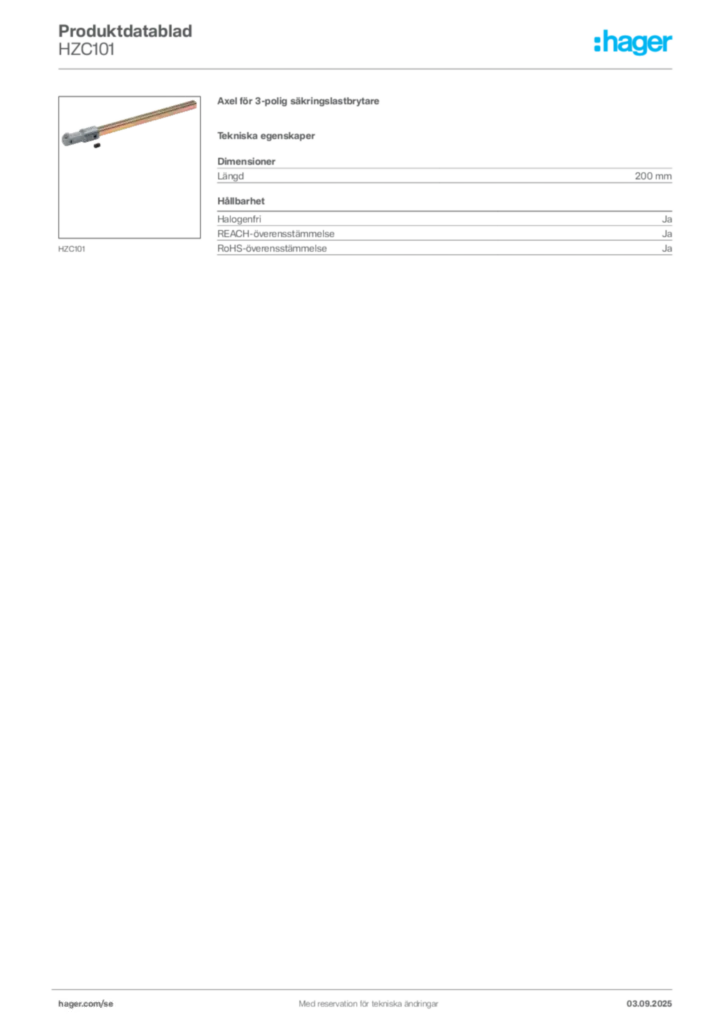 Bild Hager Produktdatablad HZC101 | Hager Sverige