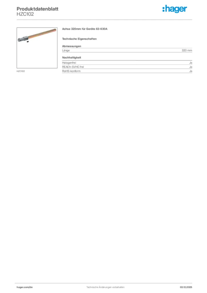 Bild Hager Produktdatenblatt HZC102 | Hager Deutschland
