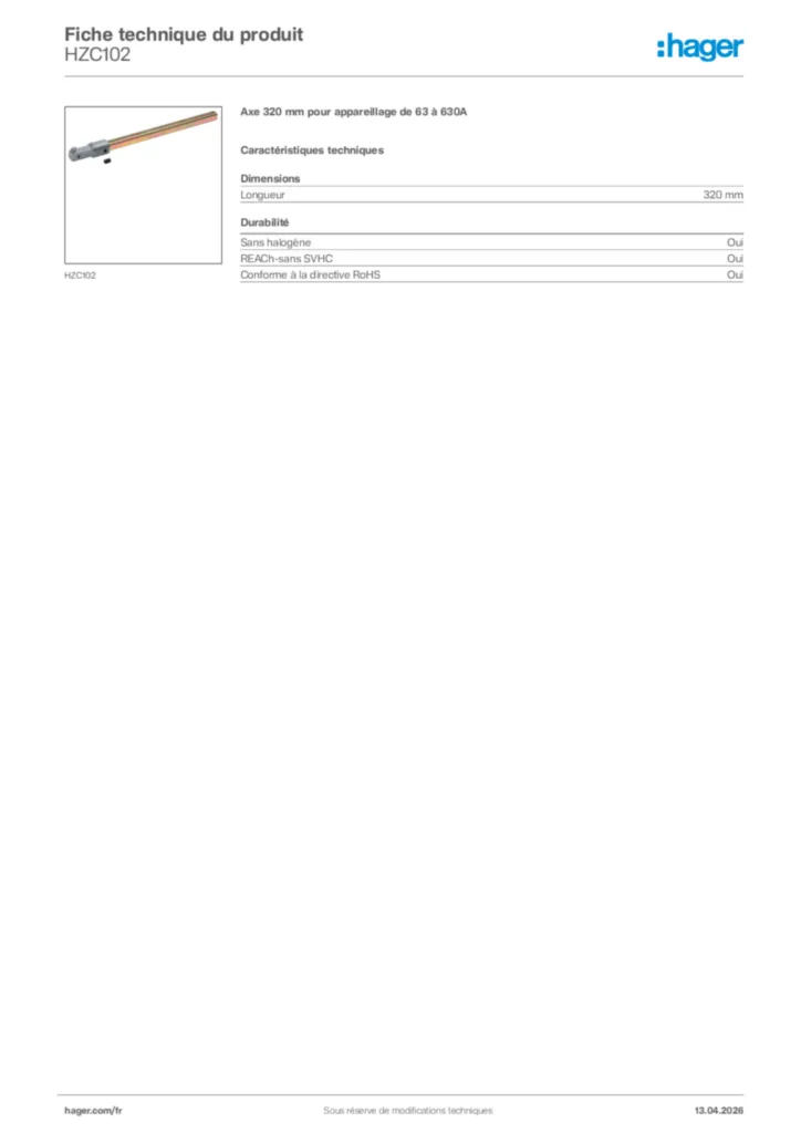 Image Hager Fiche technique du produit HZC102 | Hager France
