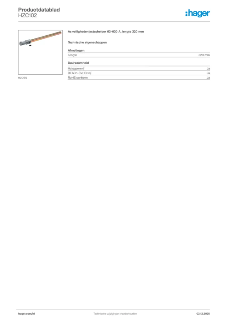 Afbeelding Hager Productdatablad HZC102 | Hager Nederland