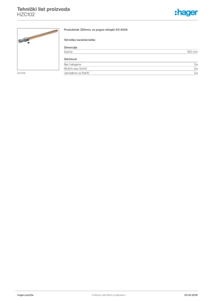 Slika Hager Tehnički list proizvoda HZC102  | Hager