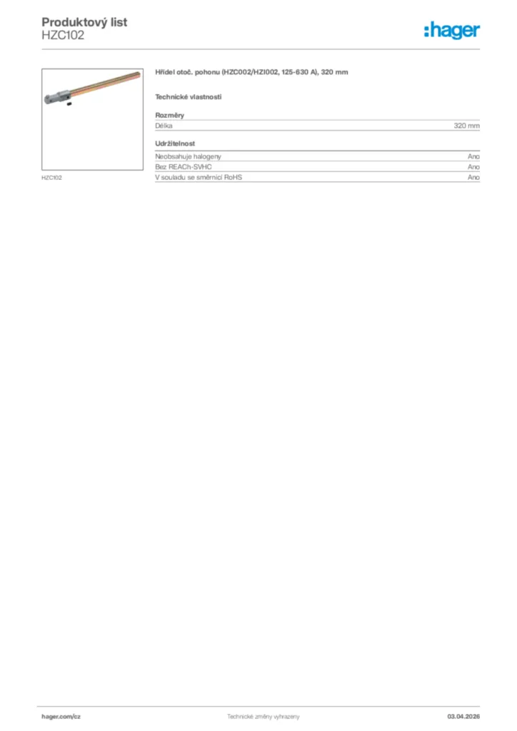 Obrázek Hager Product data sheet HZC102 | Hager