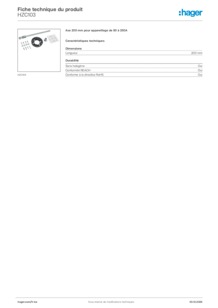 Image Hager Fiche technique du produit HZC103 | Hager Belgique