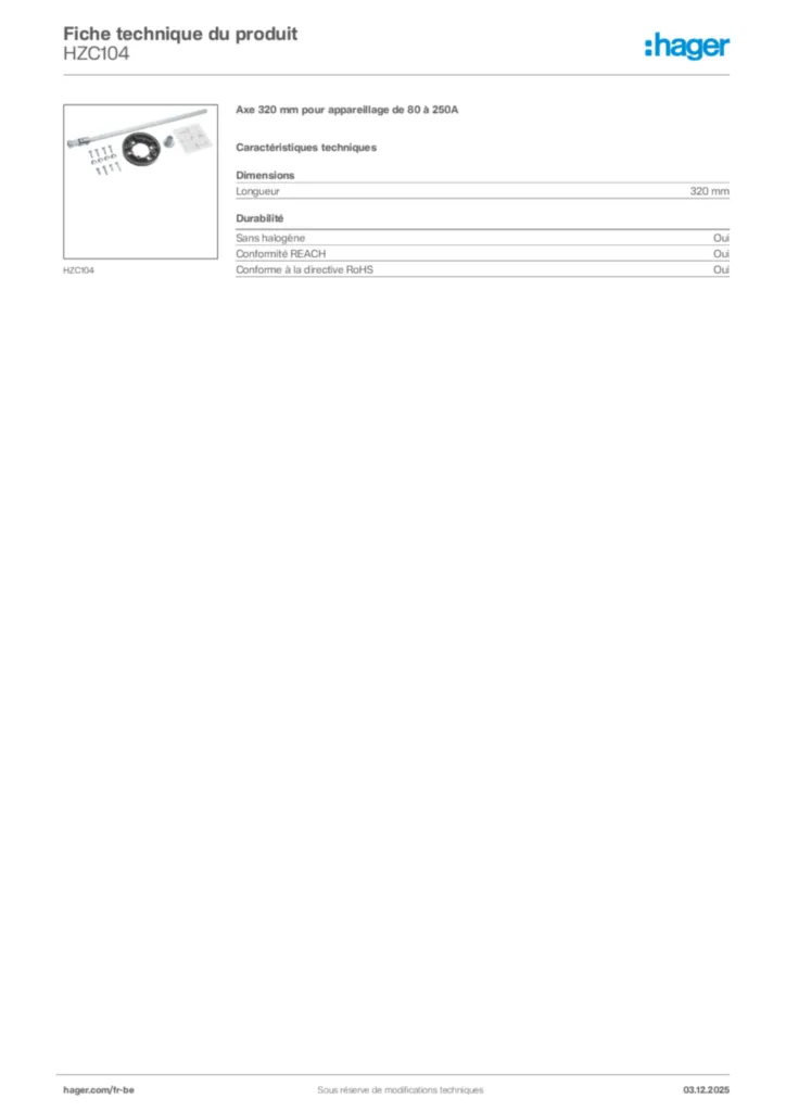 Image Hager Fiche technique du produit HZC104 | Hager Belgique