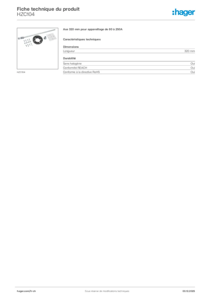 Image Hager Fiche technique du produit HZC104 | Hager Suisse