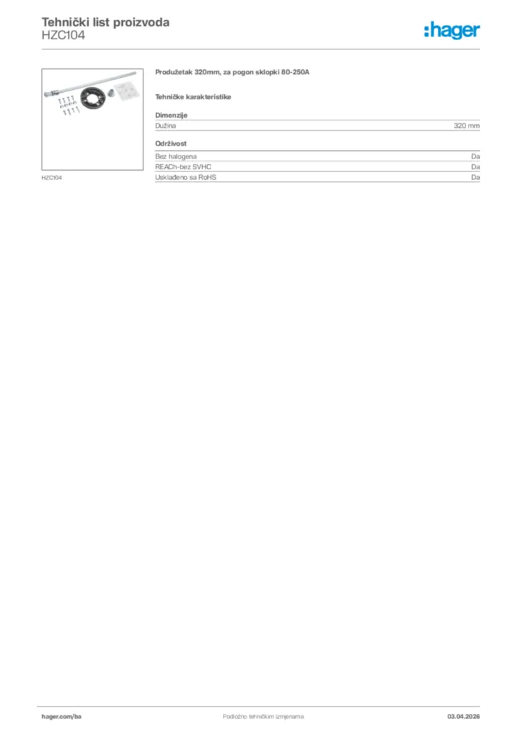 Slika Hager Tehnički list proizvoda HZC104  | Hager