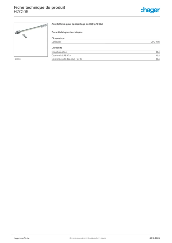 Image Hager Fiche technique du produit HZC105 | Hager Belgique