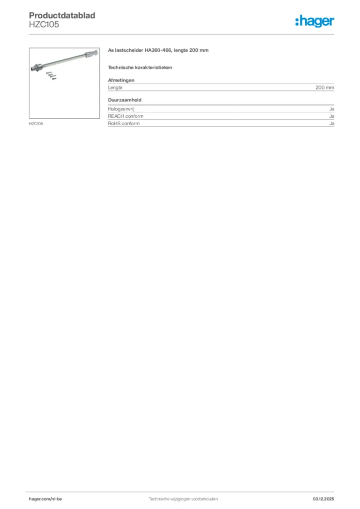 Afbeelding Hager Productdatablad HZC105 | Hager Belgium