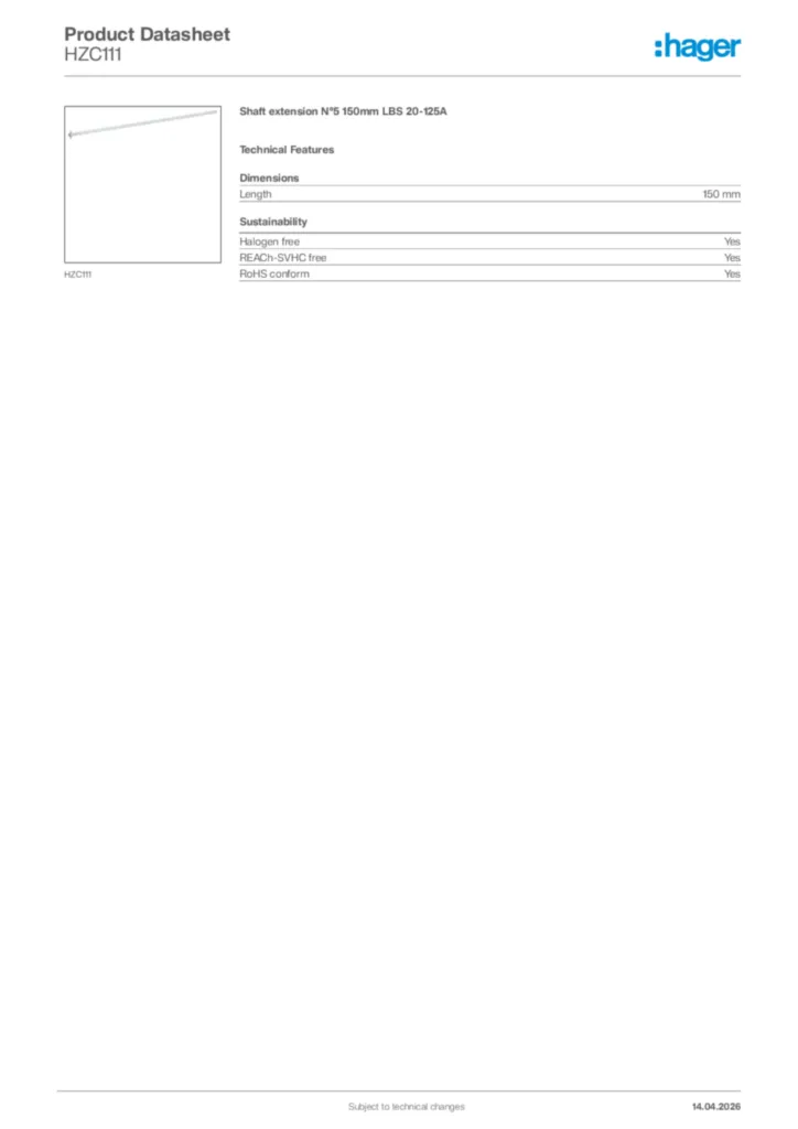 Image Hager Product data sheet HZC111  | Hager Africa