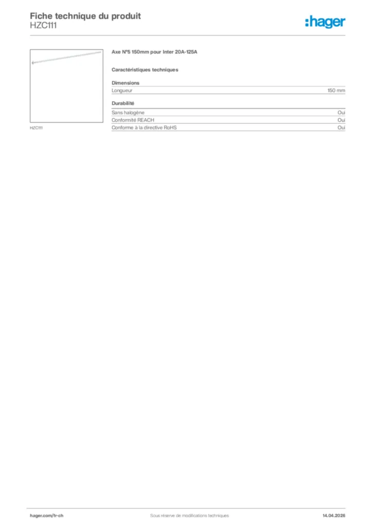 Image Hager Fiche technique du produit HZC111 | Hager Suisse