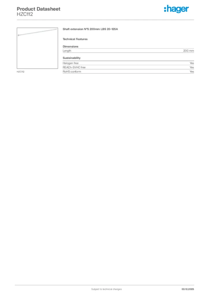Image Hager Product data sheet HZC112  | Hager Africa