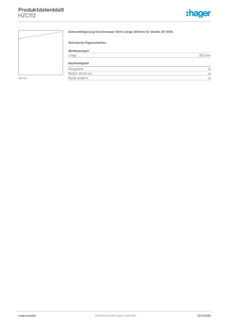 Hager Produktdatenblatt HZC112