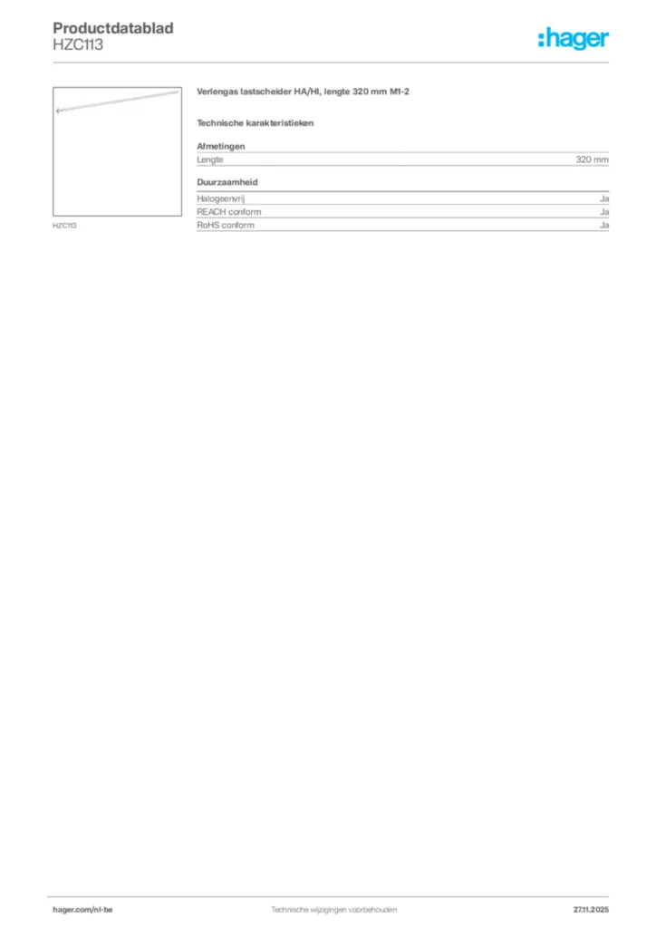 Afbeelding Hager Productdatablad HZC113 | Hager Belgium