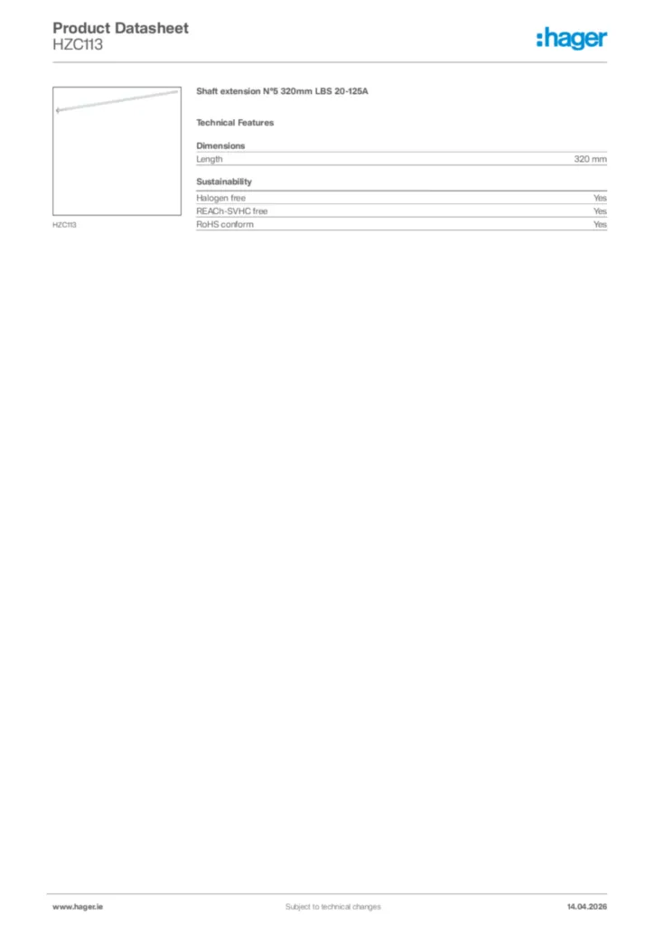Image Hager Product data sheet HZC113  | Hager