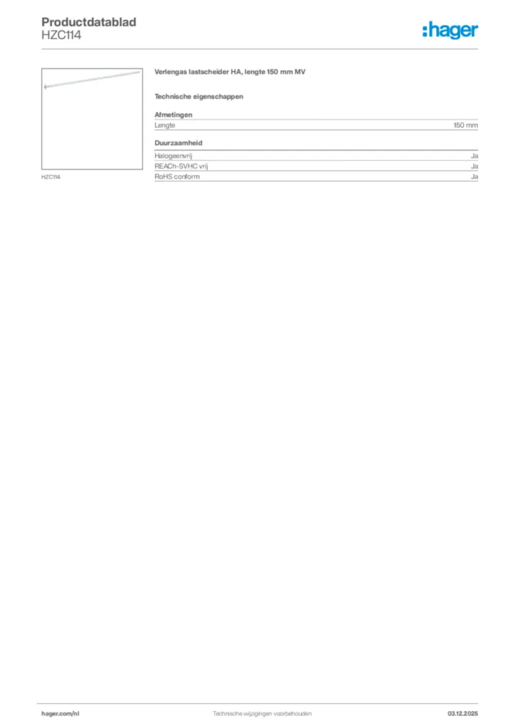Afbeelding Hager Productdatablad HZC114 | Hager Nederland