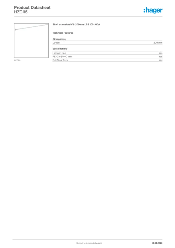 Image Hager Product data sheet HZC115  | Hager Africa