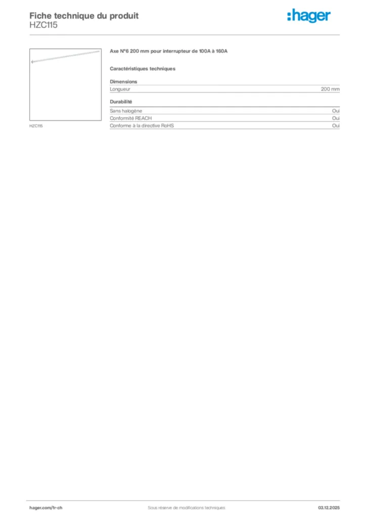 Image Hager Fiche technique du produit HZC115 | Hager Suisse