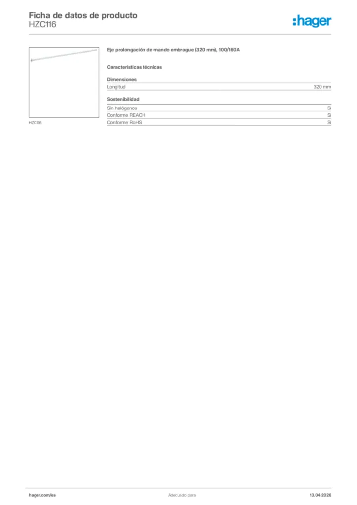 Imagen Hager Ficha de datos de producto HZC116 | Hager España