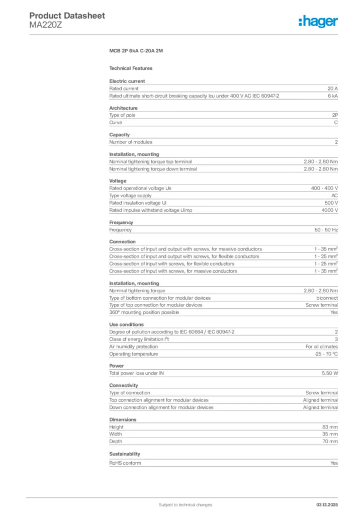 Image Hager Product data sheet MA220Z  | Hager Africa
