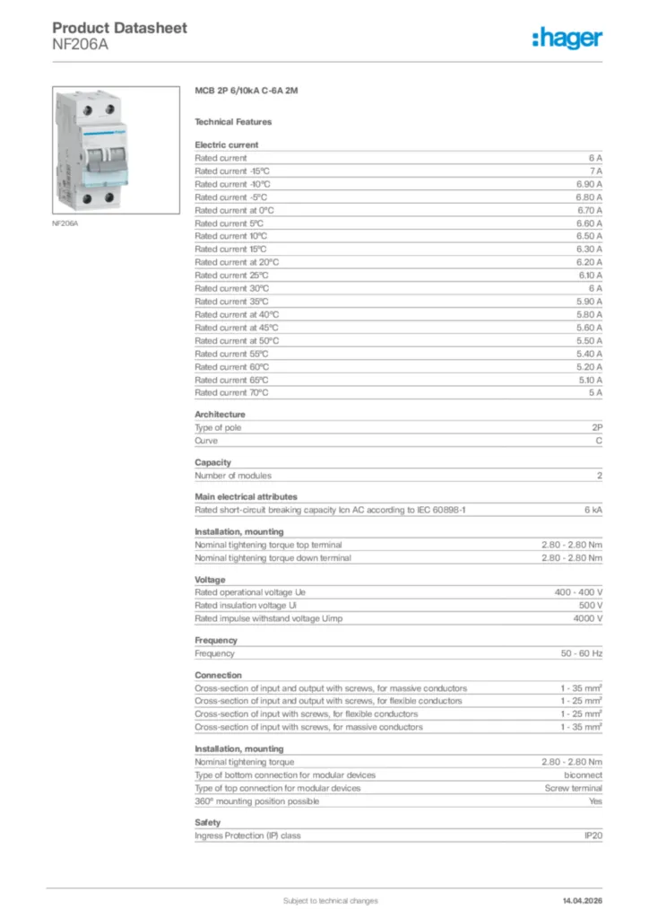 Image Hager Product data sheet NF206A  | Hager Africa