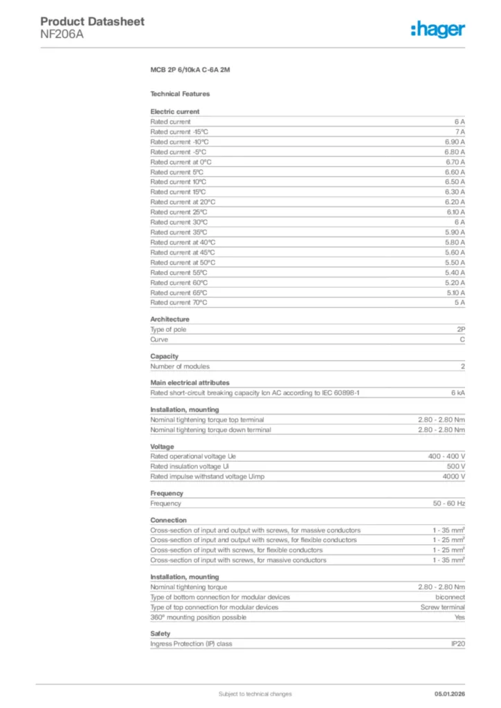 Image Hager Product data sheet NF206A  | Hager Africa