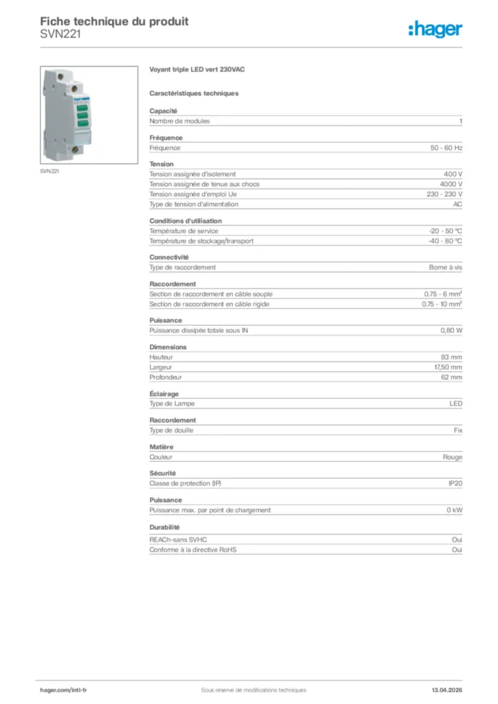 Image Hager Fiche technique du produit SVN221 | Hager Afrique
