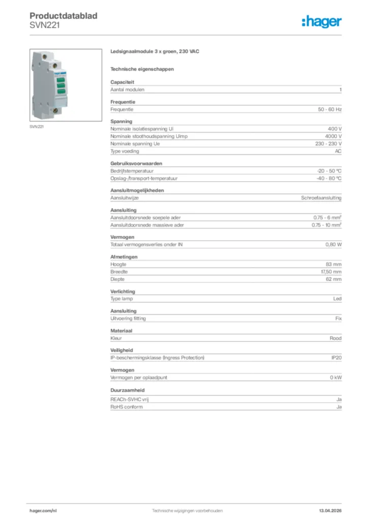 Afbeelding Hager Productdatablad SVN221 | Hager Nederland