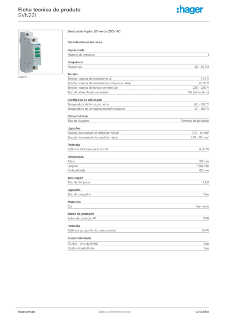 Imagem Hager Ficha técnica do produto SVN221 | Hager Portugal