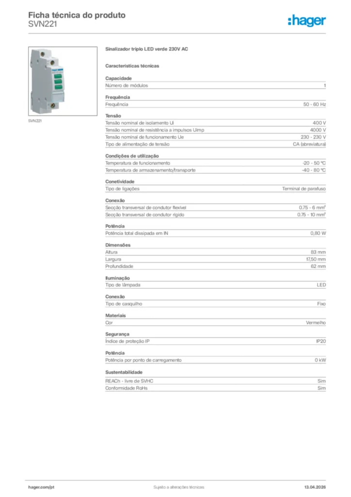 Imagem Hager Ficha técnica do produto SVN221 | Hager Portugal