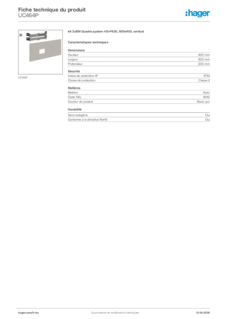 Image Hager Fiche technique du produit UC464P | Hager Belgique