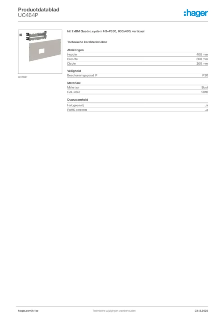 Afbeelding Hager Productdatablad UC464P | Hager Belgium