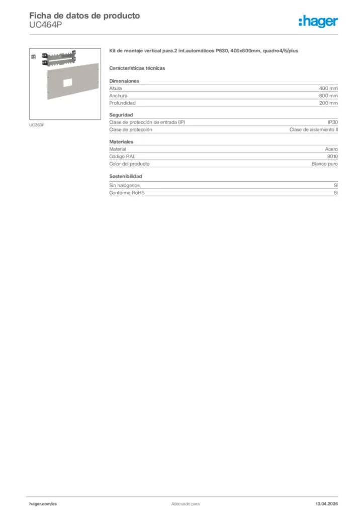 Imagen Hager Ficha de datos de producto UC464P | Hager España