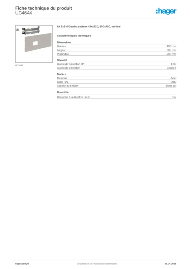 Image Hager Fiche technique du produit UC464X | Hager France