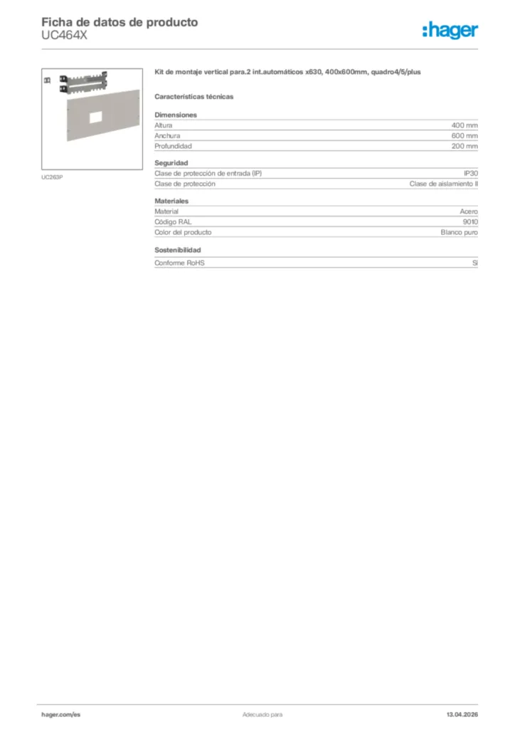 Imagen Hager Ficha de datos de producto UC464X | Hager España