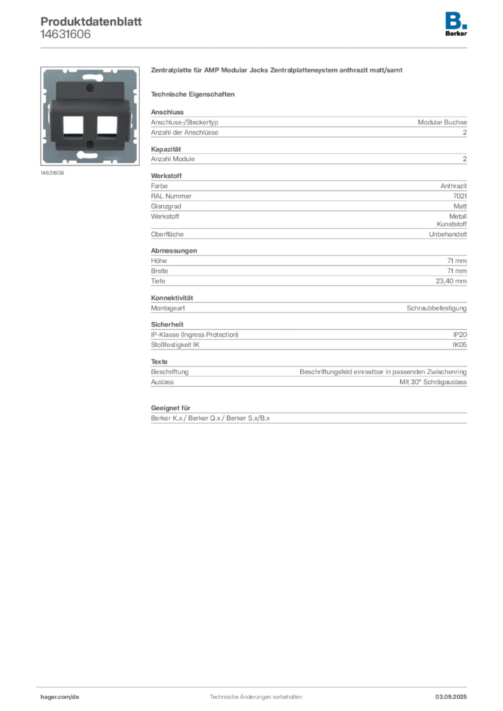 Bild Berker Produktdatenblatt 14631606 | Hager Deutschland