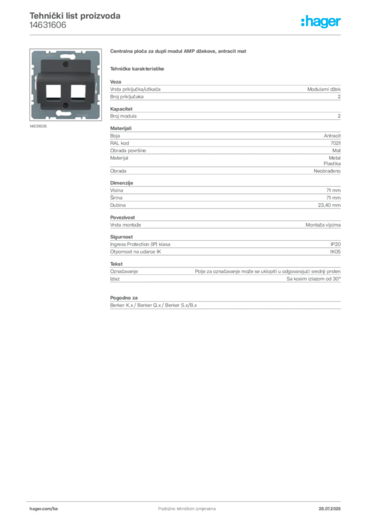 Slika Hager Product data sheet 14631606  | Hager