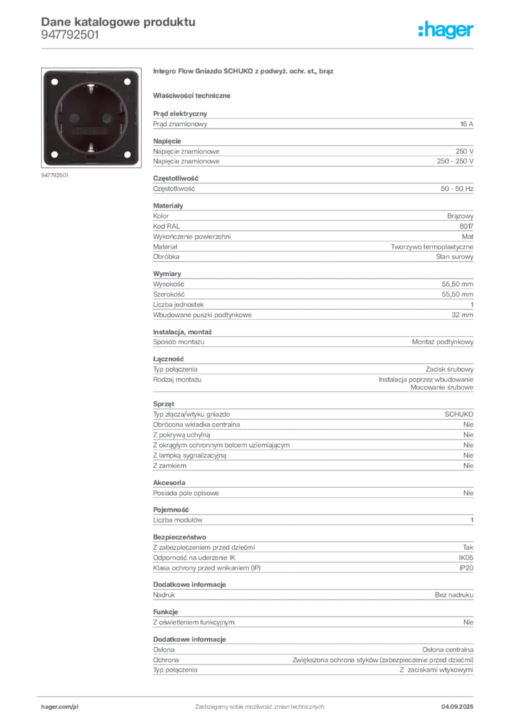 Zdjęcie Hager Dane katalogowe produktu 947792501 | Hager Polska