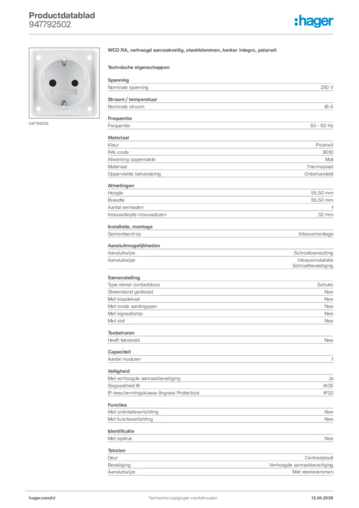 Afbeelding Hager Productdatablad 947792502 | Hager Nederland
