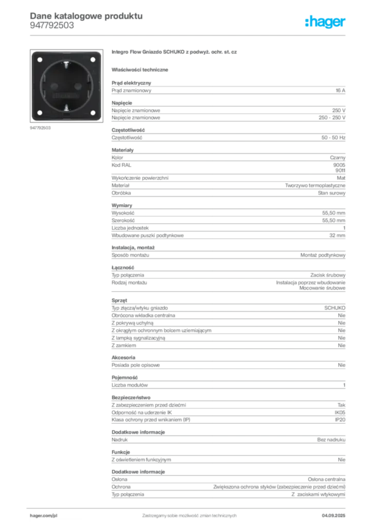 Zdjęcie Hager Dane katalogowe produktu 947792503 | Hager Polska
