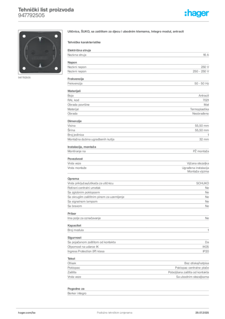 Slika Hager Product data sheet 947792505  | Hager