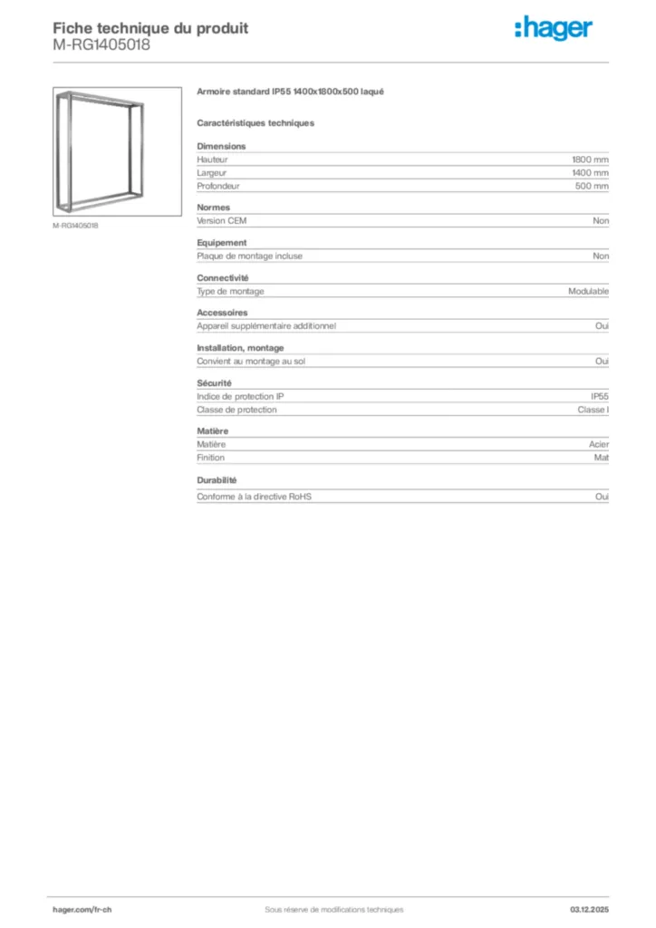 Image Hager Fiche technique du produit M-RG1405018 | Hager Suisse