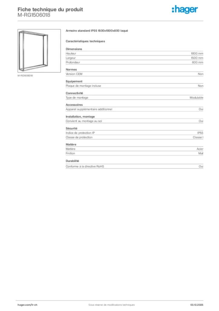 Image Hager Fiche technique du produit M-RG1506018 | Hager Suisse