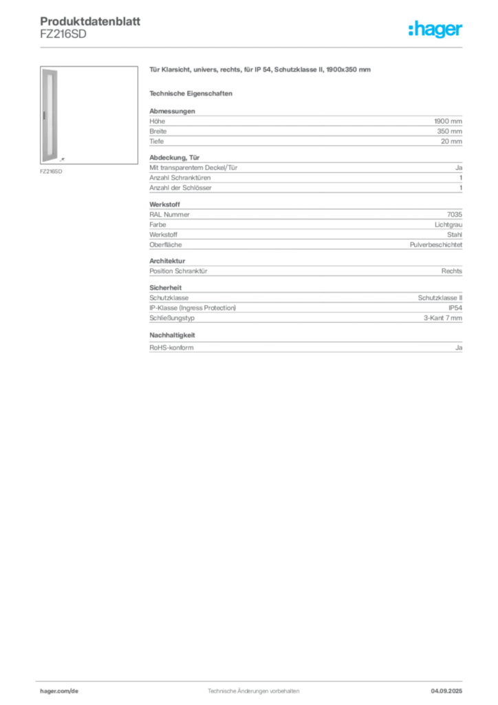 Bild Hager Produktdatenblatt FZ216SD | Hager Deutschland