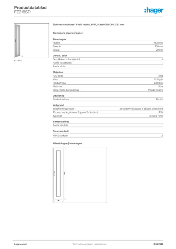 Afbeelding Hager Productdatablad FZ216SD | Hager Nederland