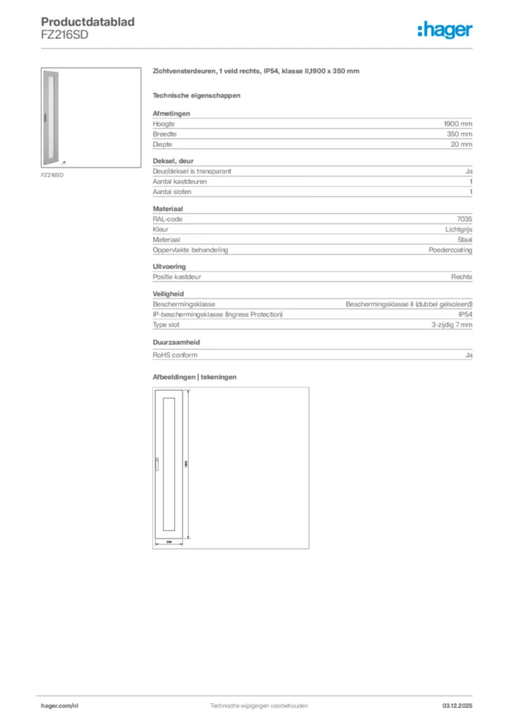 Afbeelding Hager Productdatablad FZ216SD | Hager Nederland