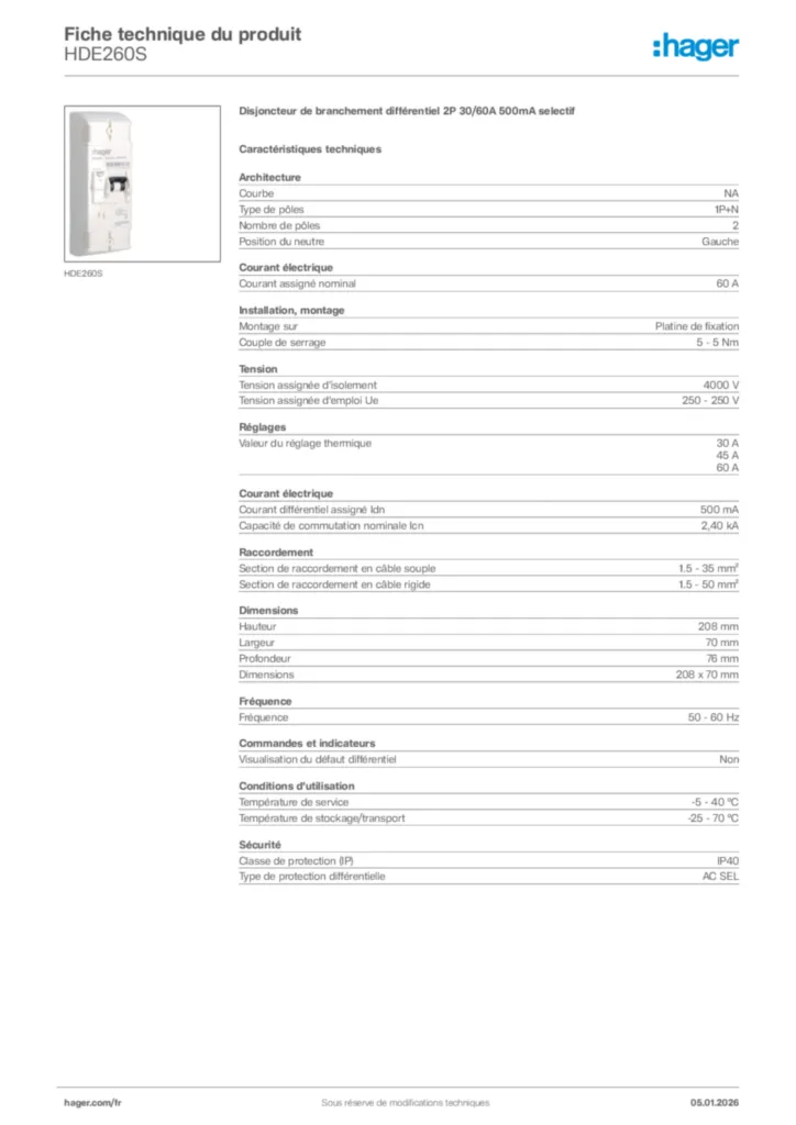 Image Hager Fiche technique du produit HDE260S | Hager France