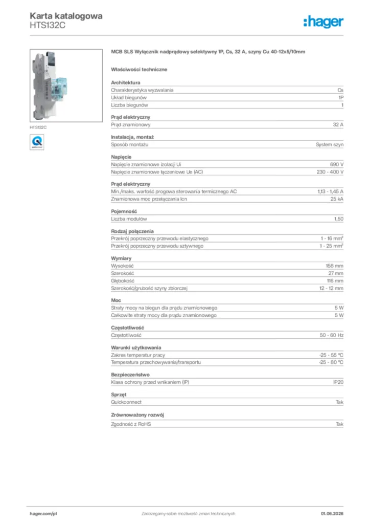 Zdjęcie Hager Karta katalogowa HTS132C | Hager Polska