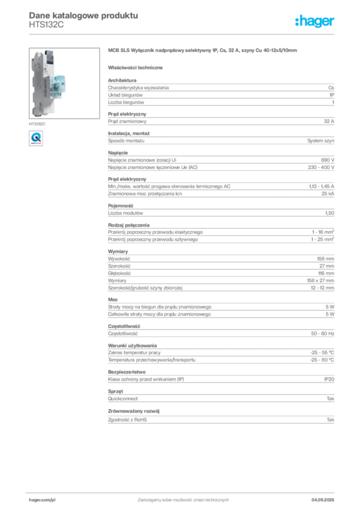 Zdjęcie Hager Dane katalogowe produktu HTS132C | Hager Polska