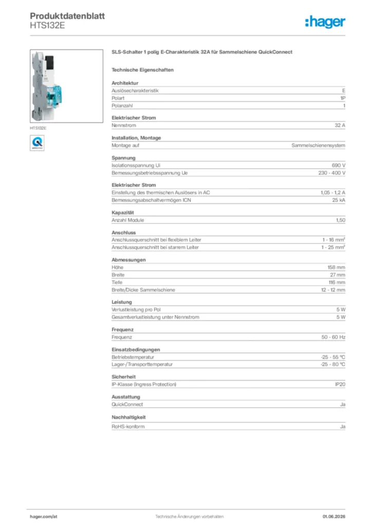 Bild Hager Produktdatenblatt HTS132E | Hager Deutschland
